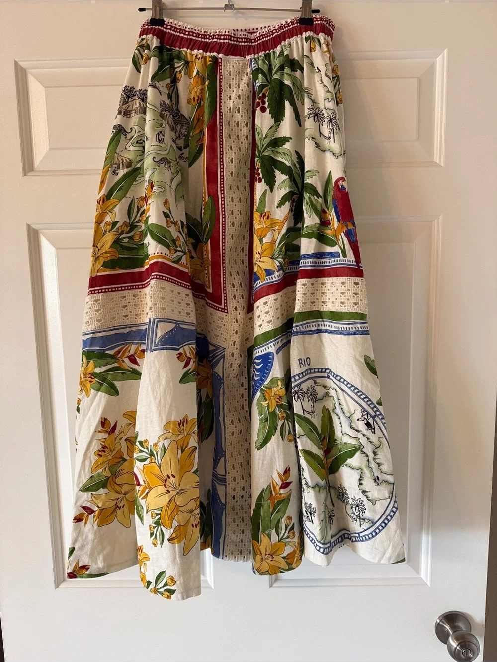 FARM Rio Cream Maxi Skirt with Yellow, Green, Blue & Red Tropical Panels - Picture 3 of 7